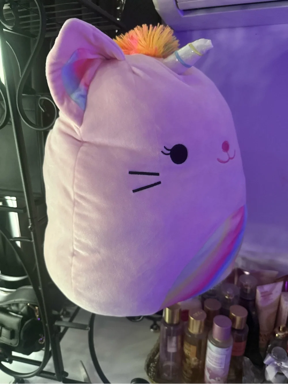 Squishmallows Pink Unicorn Cat Pillow with Rainbow Belly